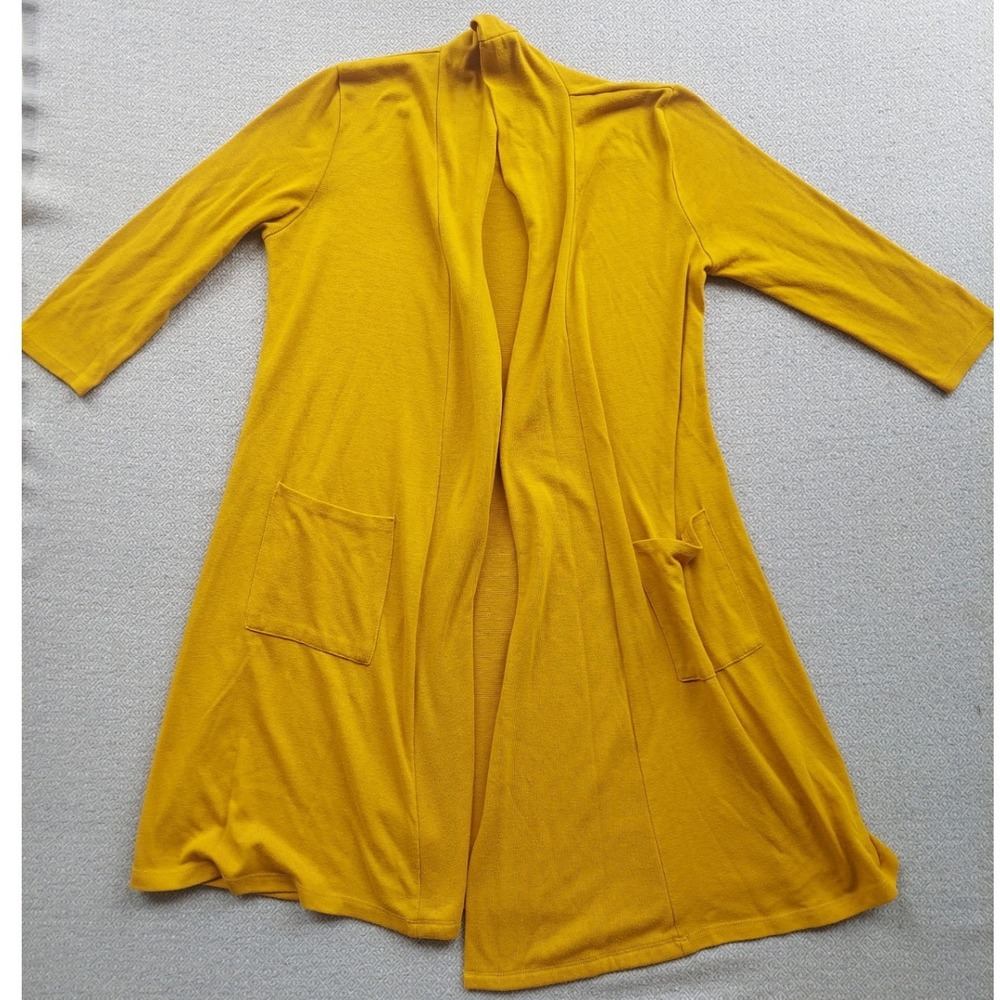 Olivia Blu Cardigan Womens M Yellow Open Front Longline Jersey Knit Pockets